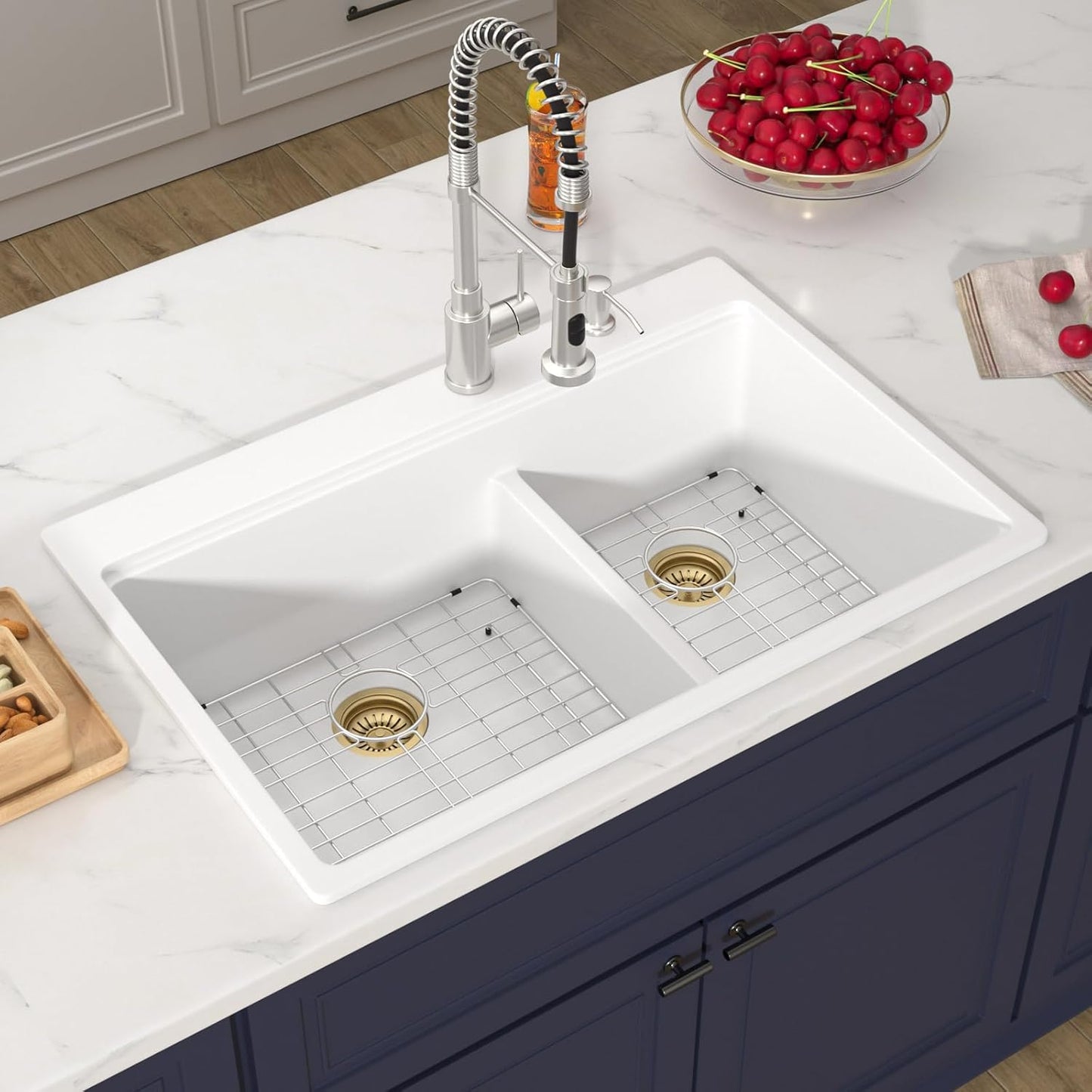 33 Inch Double Bowl White Kitchen Sinks 33x22 Granite Composite Dorp In 60/40 Basin with Luxury Accessories Quartz Workstation Sinks with Noise Reduction Durable and Hard Gold Accessoris Sink