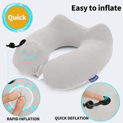 Inflatable Travel Neck Pillow for Airplane, Head Support Velvet Adult Neck Pillow for Long Flight, Kit with Eye Mask, Earplugs and Storage Bag,1, Light Gray