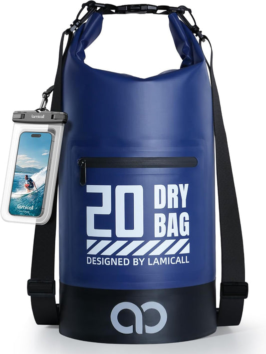 Lamicall Dry Bag Waterproof Backpack - [Zippered Pocket] 5L/10L/20L/30L/40L Roll Top Waterproof Bag with Water Proof Phone Pouch, Floatable Drybag for Swimming, Boating, Kayaking, Camping, Beach
