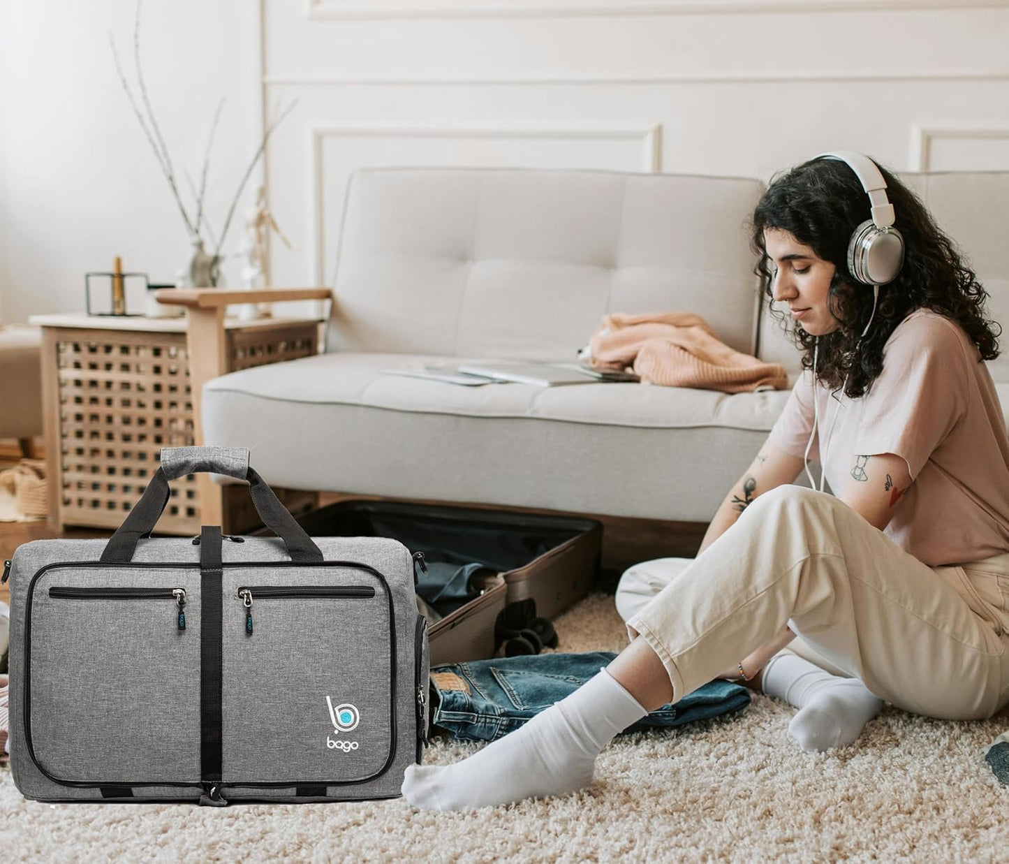 Bago Foldable Duffel Bags for Traveling Women & Men - 60L Medium Packable Duffle Bag for Travel with Shoe Compartment - Water Repellant, Heavy Duty, Lightweight Folding & Collapsible (SnowGray)