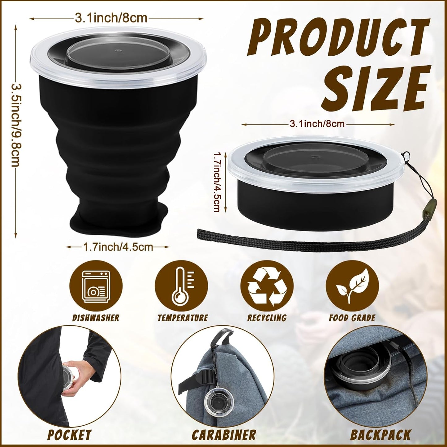 12 Pcs Silicone Collapsible Cup 7.04 oz Folding Camping Travel Collapsible Coffee Cup Portable Reusable Expandable Drinking with Lids for Outdoor Hiking