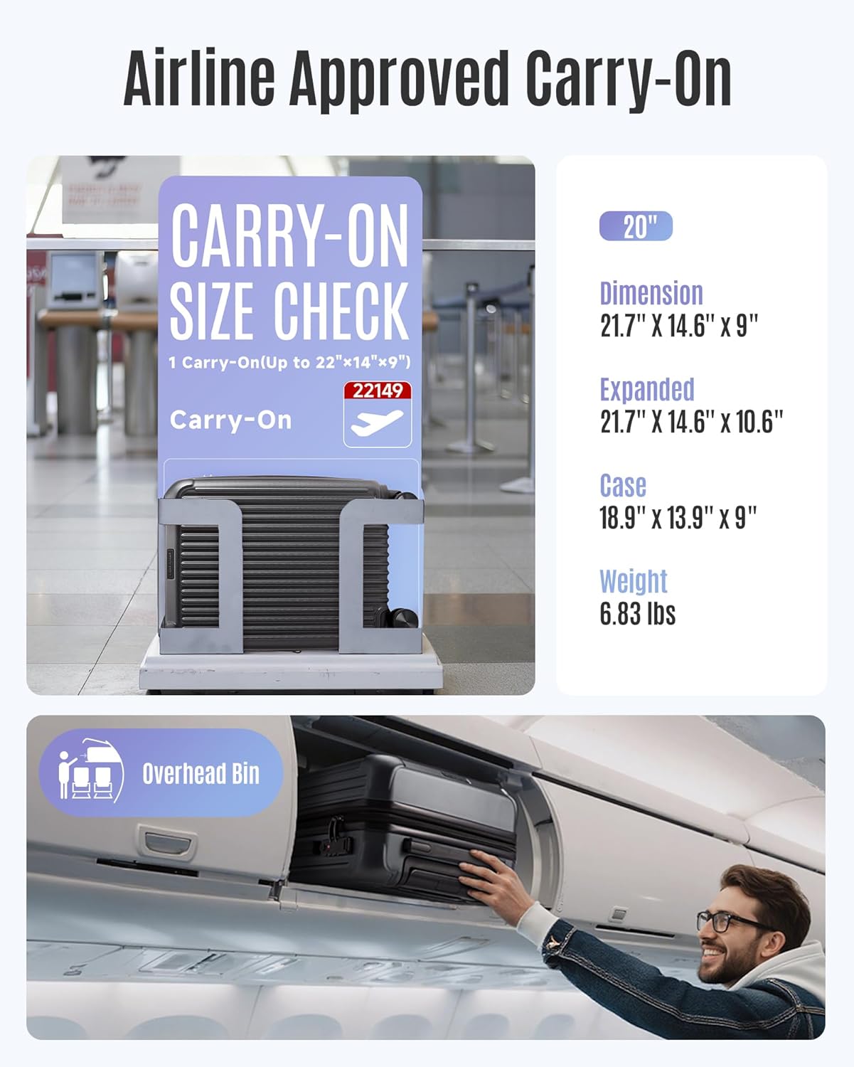 LIGHT FLIGHT Carry On Luggage 22x14x9 Airline Approved, Durable Hard Shell Carry On Suitcases with Wheels, Expandable Hardside Lightweight Travel Luggage with TSA Lock 20 Inch Carry on, Glacier Gray