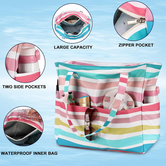 LEDAOU Beach Bag Waterproof Sandproof Women Tote Bag Pool Bag with Zipper for Gym Grocery Travel with Wet Pocket