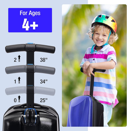 20" Kids Scooter Suitcase Ride-On Carry-On - 2-in-1 Lightweight Hardshell Luggage for Airplane Travel, Foldable Rolling Suitcase for Boys & Girls Ages 4-12