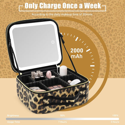 Makeup Bag with Magnetic Detachable Lighted Mirror, Travel Makeup Bag with Mirror 360° Angle, PU Leather Makeup Organizer Bag with Mirror and Lights, Portable Cosmetic Case Accessories Train Case Gift