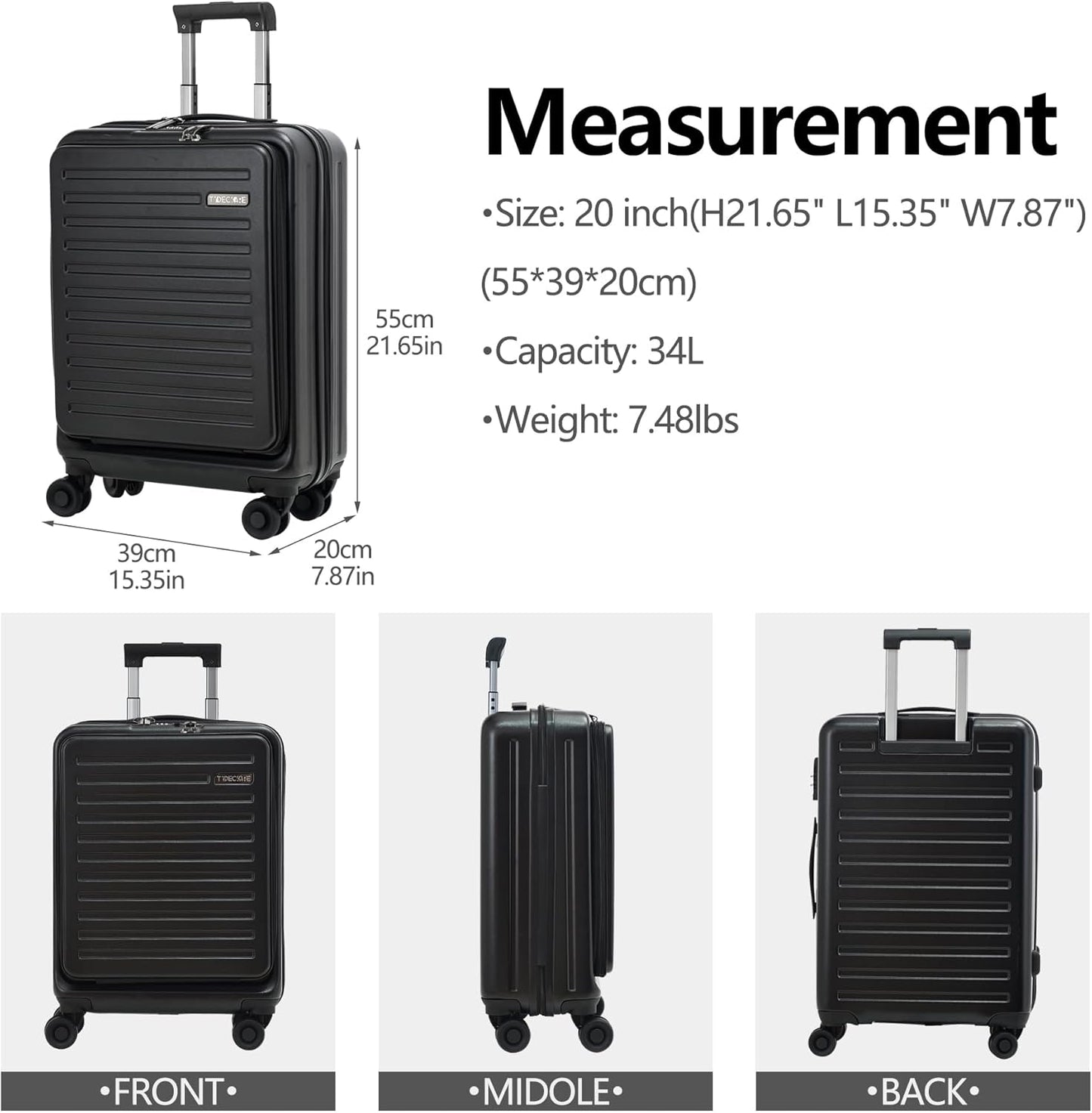 TydeCkare 20 Inch Carry On Luggage with Front Pocket, 21.65 * 15.35 * 7.87" Suitable for Airplane Overhead Bin, 34L Lightweight PC+ABS Hardshell with YKK Zipper, TSA Lock Approved, black
