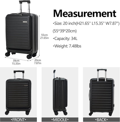 TydeCkare 20 Inch Carry On Luggage with Front Pocket, 21.65 * 15.35 * 7.87" Suitable for Airplane Overhead Bin, 34L Lightweight PC+ABS Hardshell with YKK Zipper, TSA Lock Approved, black