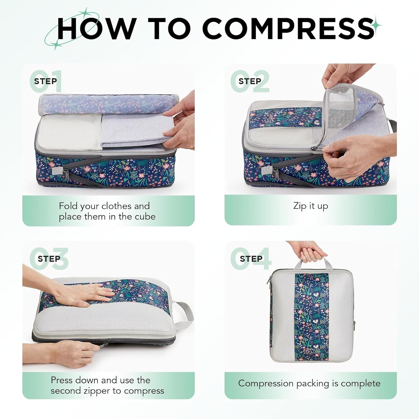 2 Set Compression Packing Cubes for Travel Essentials,Compressible Expandable Packing Cubes for Suitcase,OlarHike Luggage Organizer Bags for Travel(Dark Blue Floral)