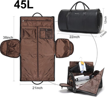 Modoker Convertible Leather Garment Bag, Carry on Garment Bags for Travel, Garment Duffel Bag, Gifts for Men Women Business Waterproof Suitcase Suit Travel Bags, Black