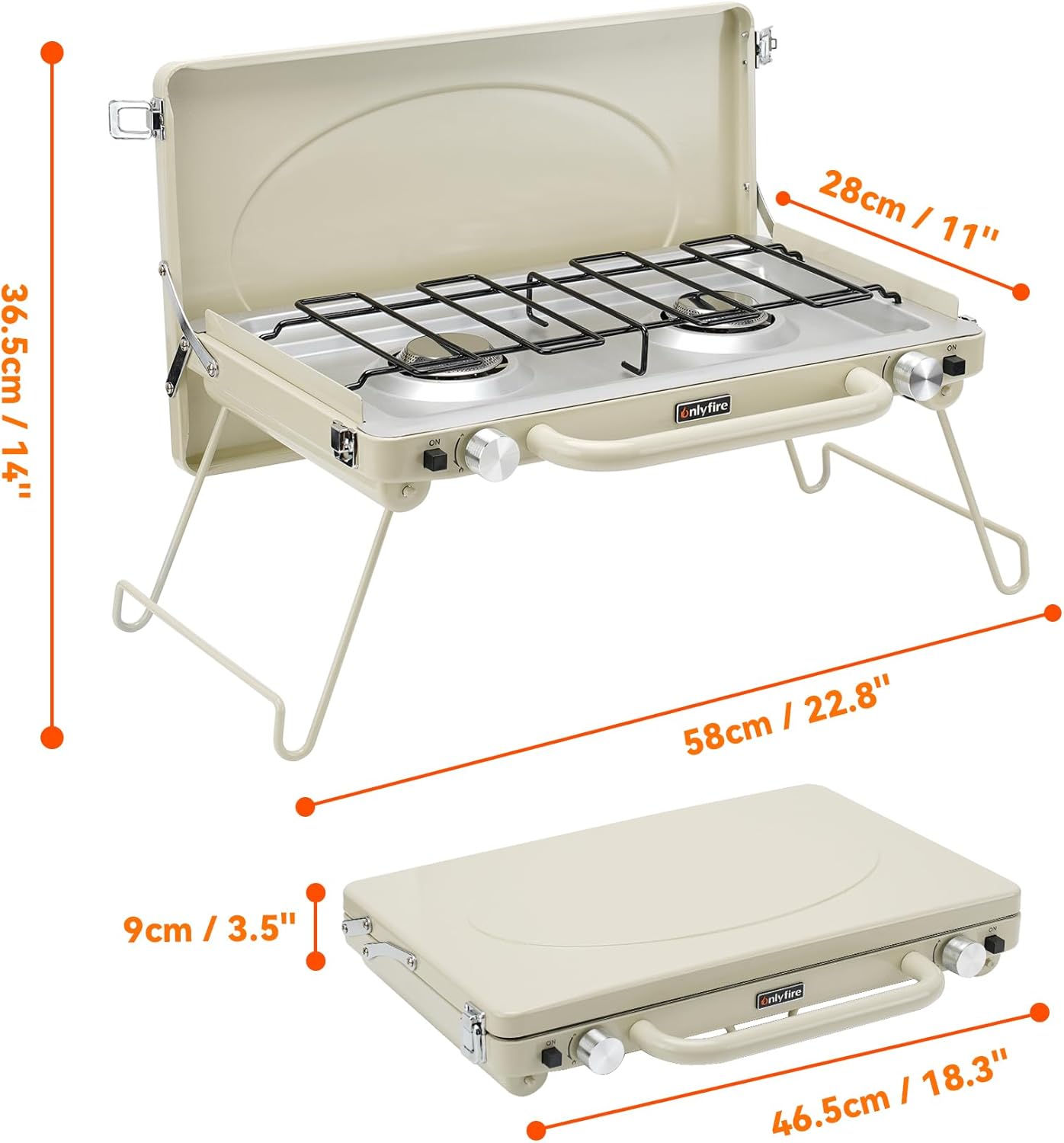 ONLYFIRE OUTDOOR LIVING Portable Camping stove 2-Burner, Propane Gas Stove with Foldable Legs, Camp Stove for Camping, Patio, Backyard, Picnic, Tailgating, RV, BBQ, GS331 Off-white