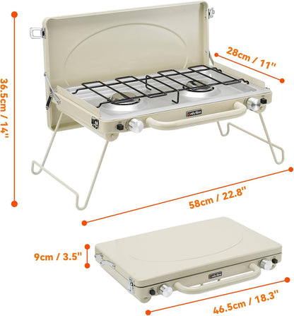 ONLYFIRE OUTDOOR LIVING Portable Camping stove 2-Burner, Propane Gas Stove with Foldable Legs, Camp Stove for Camping, Patio, Backyard, Picnic, Tailgating, RV, BBQ, GS331 Off-white