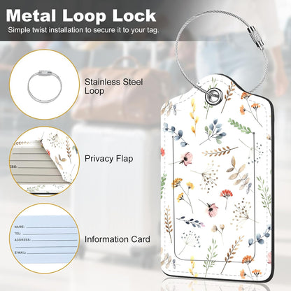 2Pack Luggage Tags for Suitcases, Cute Unique Pu Leather Cruise Luggage Tag with Privacy Cover ID Label Address Card and Metal Ring Suitable for Women Men Kids Travel Bag Floral and Plant Patternsn