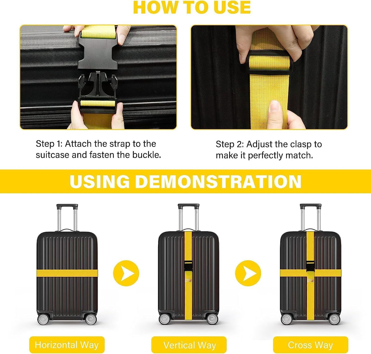 BILIONE 4 Pack Luggage Straps 79" Long Belts Keep Suitcase Secure While Traveling, TSA Approved Add a Bag Premium Accessory for Travel Bag Closure (2PCS Yellow + 2PCS Black)