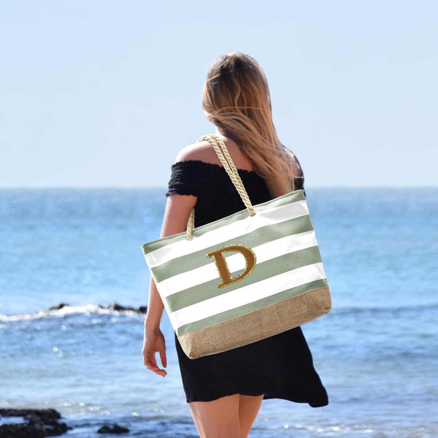 Becokan Beach Bag Initial Beach Tote with Makeup Bag for Travel Work Storage Personalized Birthday Gifts for Women Her
