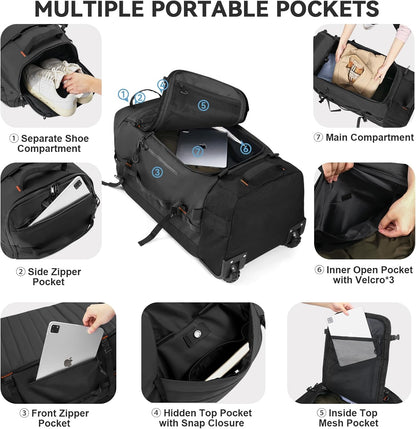 85L 29“ Foldable Rolling Backpack with Wheels, Soft-Side Travel Duffle Bag with Separate Shoe Compartment, Full Quilted Bottom, Black