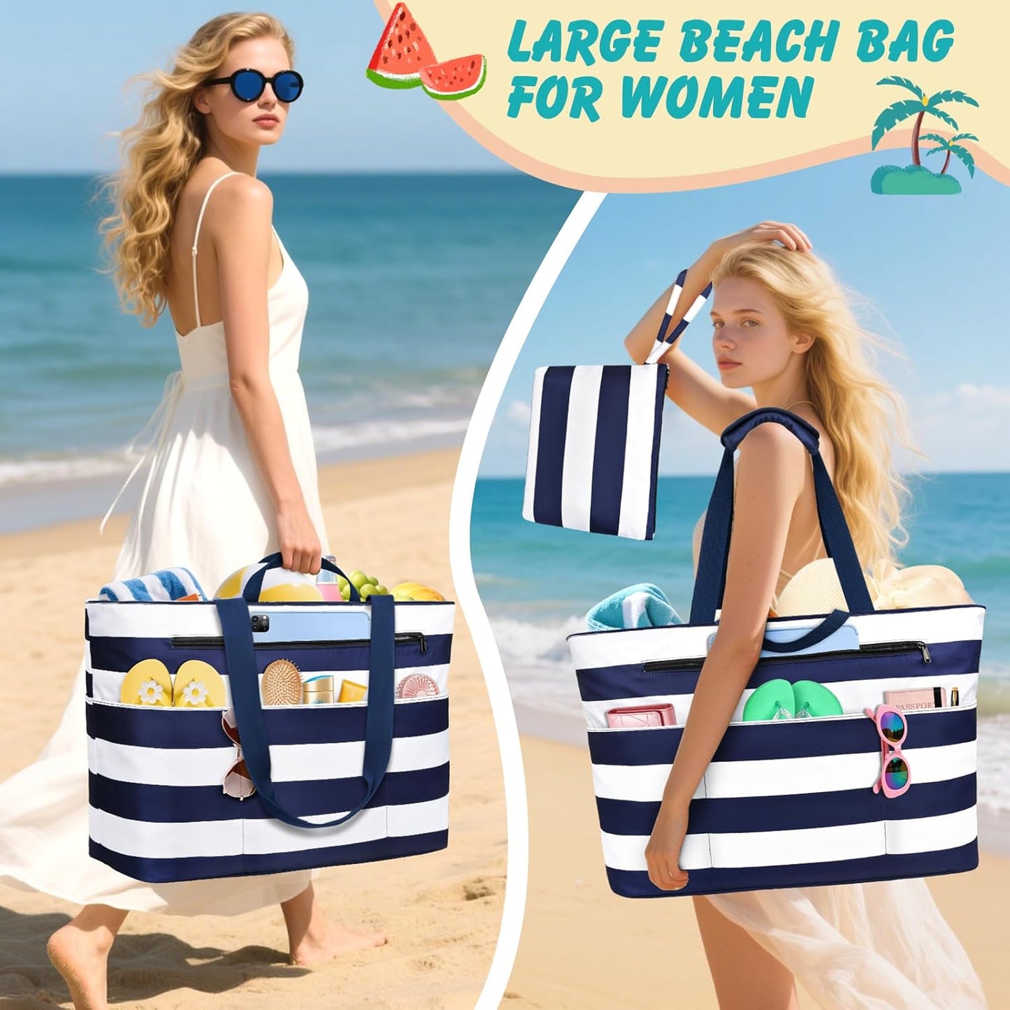 Extra Large Beach Bags for Women, Waterproof Sandproof Beach Tote Bag Zipper Foldable Swim Pool Bag with Wet Pocket