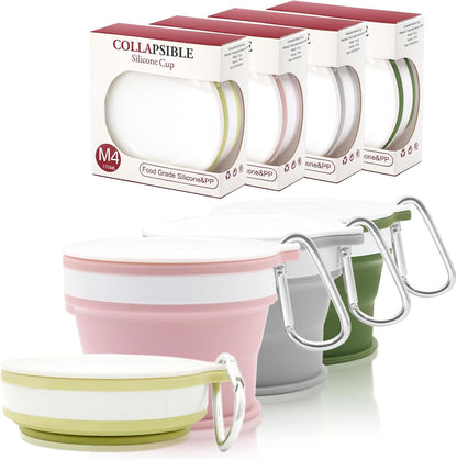 Silicone Collapsible Travel Cup Set - 4-Pack Foldable Mugs with Lids for Camping, Backpacking, Coffee & Outdoor (170ml, Pink/Light Green/Dark Green/Gray)