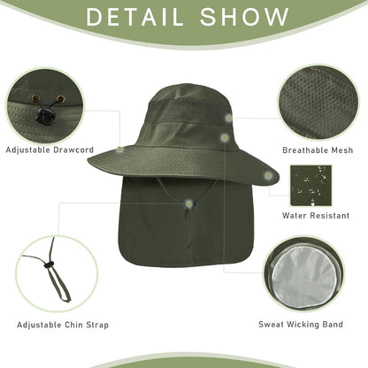 Fishing Hat Breathable Wide Brim Sun Hats with Neck Flap Bucket Hat Outdoor Safari Hat for Men Women UPF 50+ Sun Protection