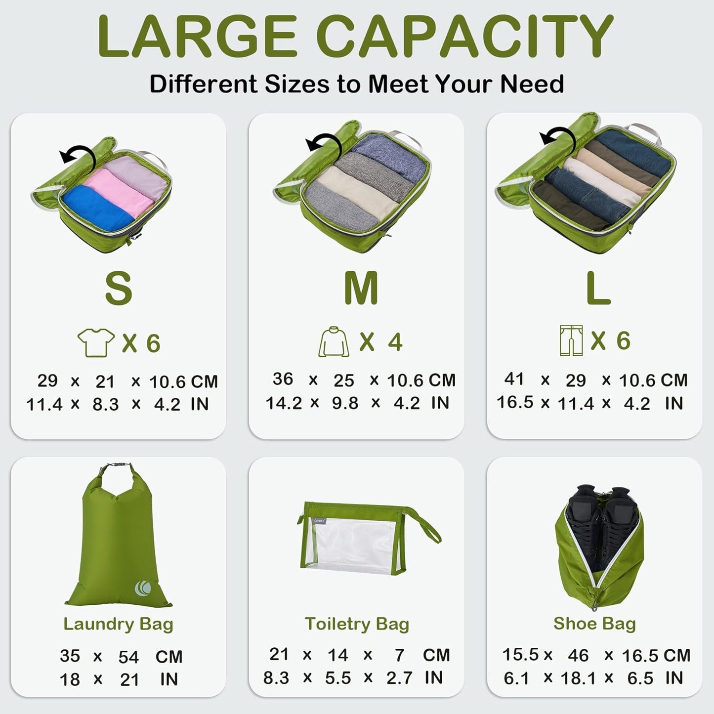 Cipway Compression Packing Cubes, Lightweight Travel Luggage Organizers with Shoe Bag, Toiletry Bag & Laundry Bag, Travel Essentials for Carry on Suitcase (8 Piece,Green)