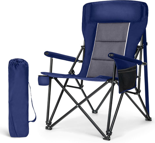 LET'S CAMP Oversized Camping Chairs 29.52" High Back Heavy Duty Lawn Chair Support 500LBS, Portable Collapsible Chair with Cup Holder, Side Pocket(Blue)