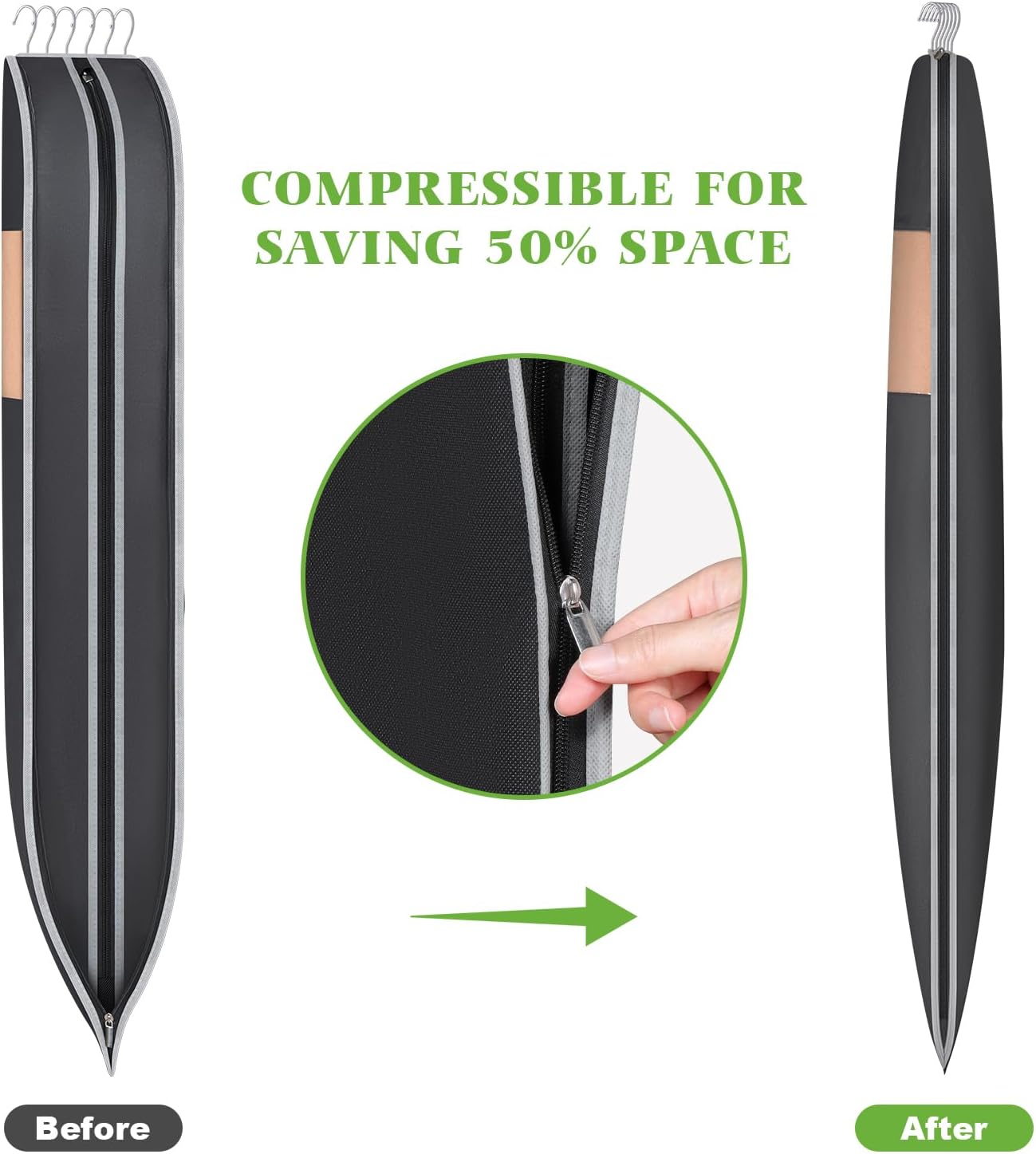 KEEGH Space Saving Hanging Garment Bag with Self Compression Zipper, 50 Inch Garment Bags for Hanging Clothes with Clear Window, Suit Bags for Closet Storage (3 Pack)