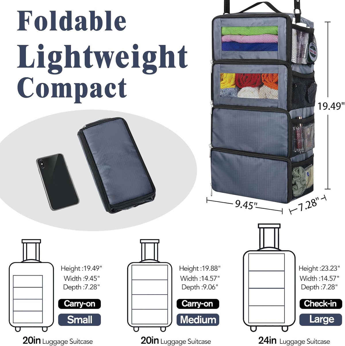 Hanging Travel Organizer, Carry on Luggage Suitcase Organizer, Travel Essentials Portable Travel Shelves Packing Cube for Travel Cruise Small, Gray