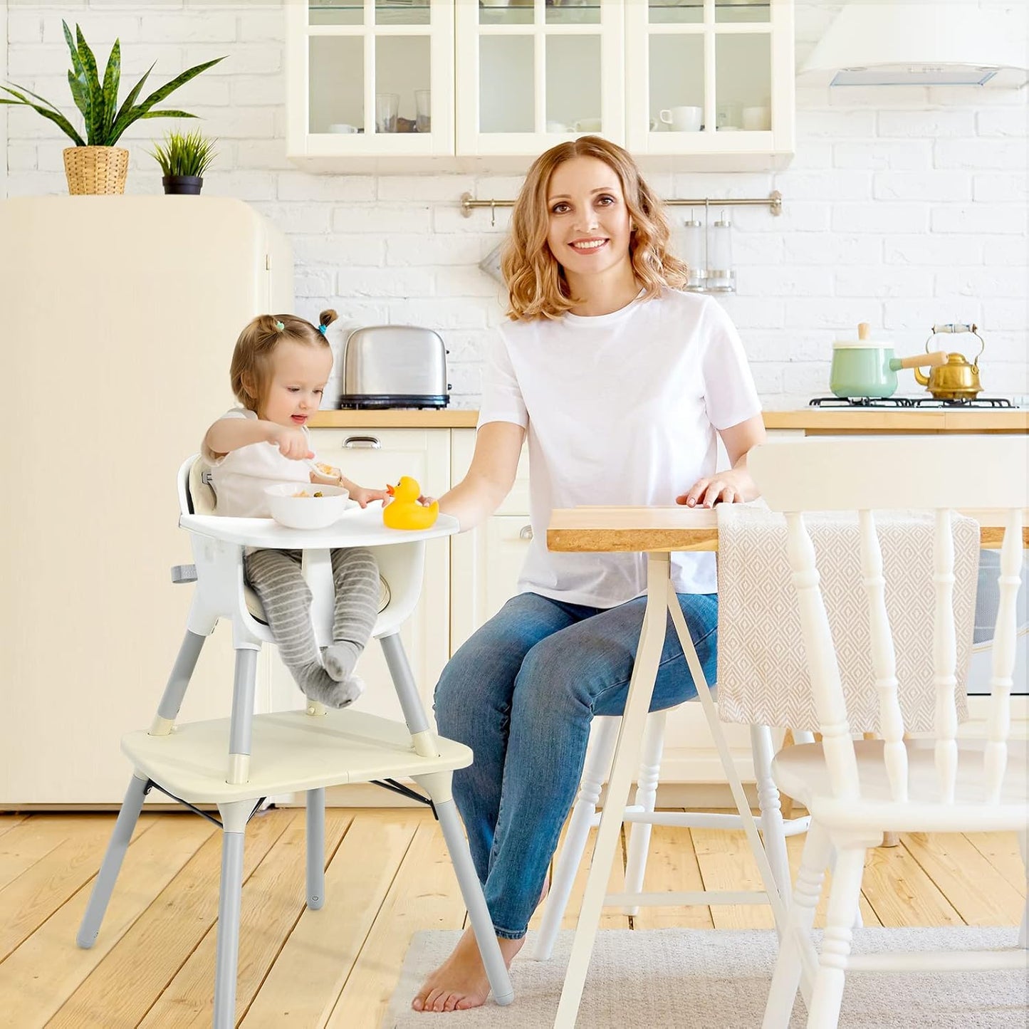 HONEY JOY 5-in-1 High Chair, Convertible Highchair for Babies and Toddlers/Kids Chair Table Set/Infant Feeding Chair w/Safety Harness, PU Leather Cushion & Removable Food Tray (Beige)