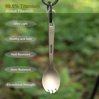 SANTTA Titanium Camping Utensil Set, Titanium(Ti) Spork, Spoon Fork & Bottle Opener Combo Camping Cutlery 2-PC Set