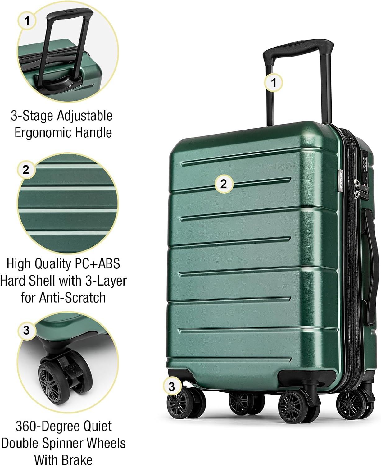 KYME Green Carry On Luggage 22x14x9 Airline Approved Expandable 20 Inch Hardshell Carry On Suitcase with Wheels TSA Lock Small Travel Rolling Luggage with Cup Holder for Men Women