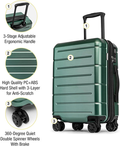 KYME Green Carry On Luggage 22x14x9 Airline Approved Expandable 20 Inch Hardshell Carry On Suitcase with Wheels TSA Lock Small Travel Rolling Luggage with Cup Holder for Men Women