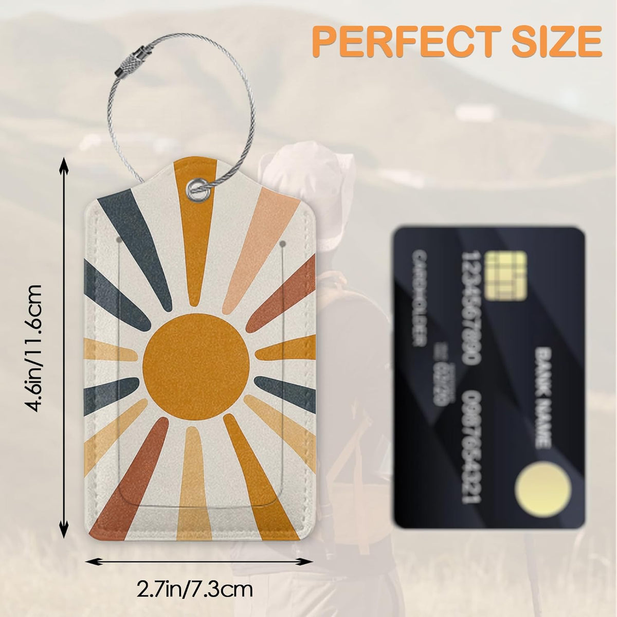 Boho Color Sunburst PU Leather Luggage Tags for Suitcase, Abstract Desert Travel Cruise 3 Pack with Privacy Flap, Name ID Label and Metal Loop for Women Men Girls Baggage Bag Backpack