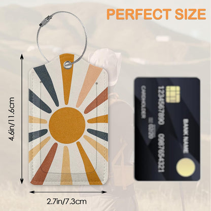 Boho Color Sunburst PU Leather Luggage Tags for Suitcase, Abstract Desert Travel Cruise 3 Pack with Privacy Flap, Name ID Label and Metal Loop for Women Men Girls Baggage Bag Backpack