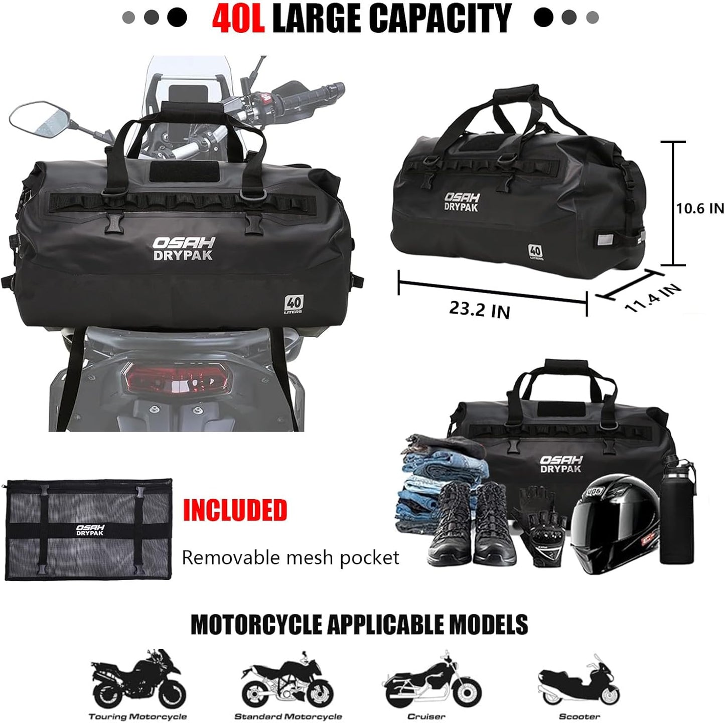 Waterproof Duffel Bag - Motorcycle Dry Bag 40L Tail Bag with Large Storage Space, Waterproof Duffle Bags with Outer Mesh Zipper Pocket for Camping, Kayaking, Fishing & Traveling-Grey