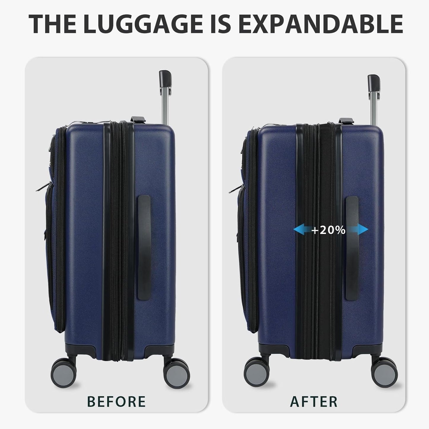 KROSER Hardside Expandable Carry On Luggage 22x14x9 Airline Approved With Front Business Pockets, 20 Inch Suitcases with Wheels, Carry on Suitcase with TSA Lock & USB Port, Navy