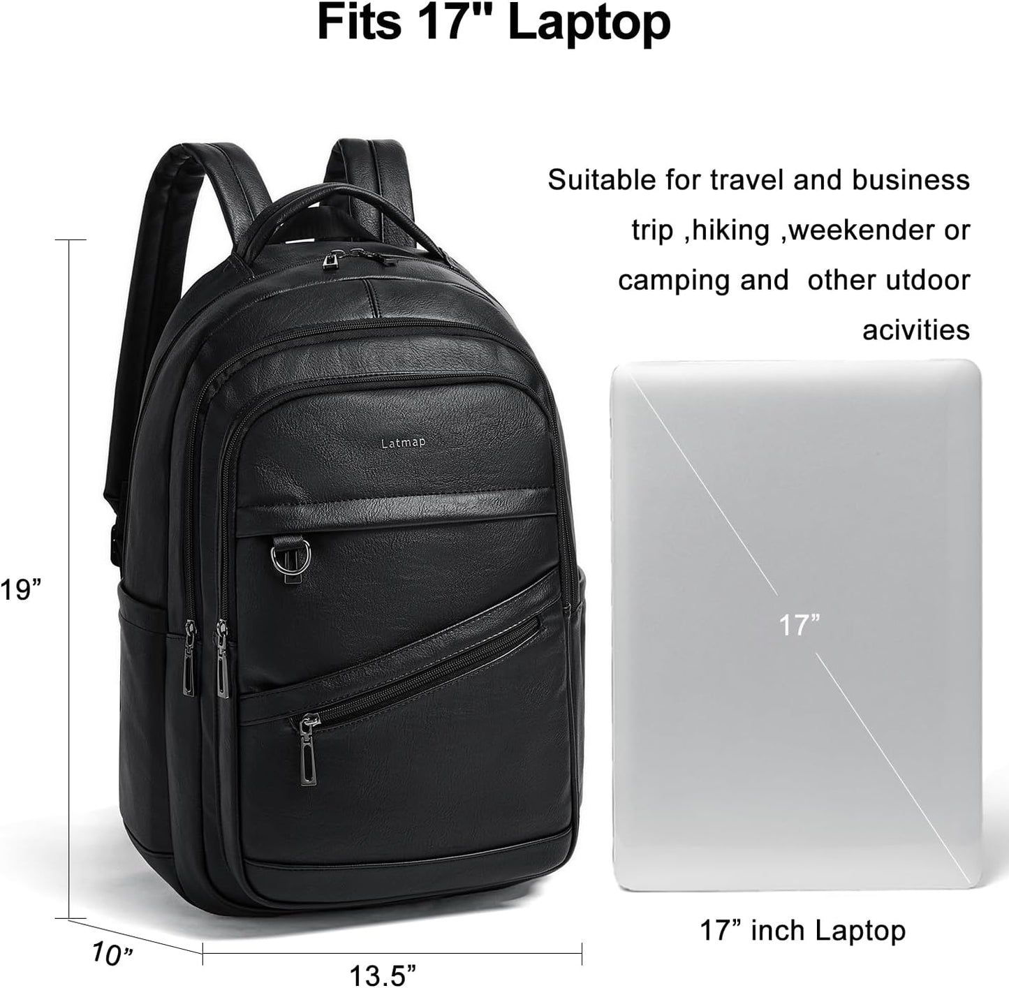 43L Backpack for Women Men - Vegan Leather Backpack Purse Travel Carry-on Bag College Bookbag Work fits 17" Laptop, Black