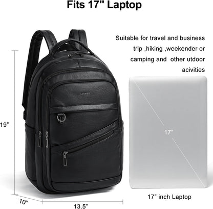 43L Backpack for Women Men - Vegan Leather Backpack Purse Travel Carry-on Bag College Bookbag Work fits 17" Laptop, Black