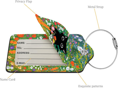 2 Pcs Luggage Tags for Suitcase, Cute Unique PU Leather Travel Bag Tag with Privacy Cover ID Label Address Card and Durable Metal Ring Suitable for Men Women Children Backpack,Black Cat On A Flower