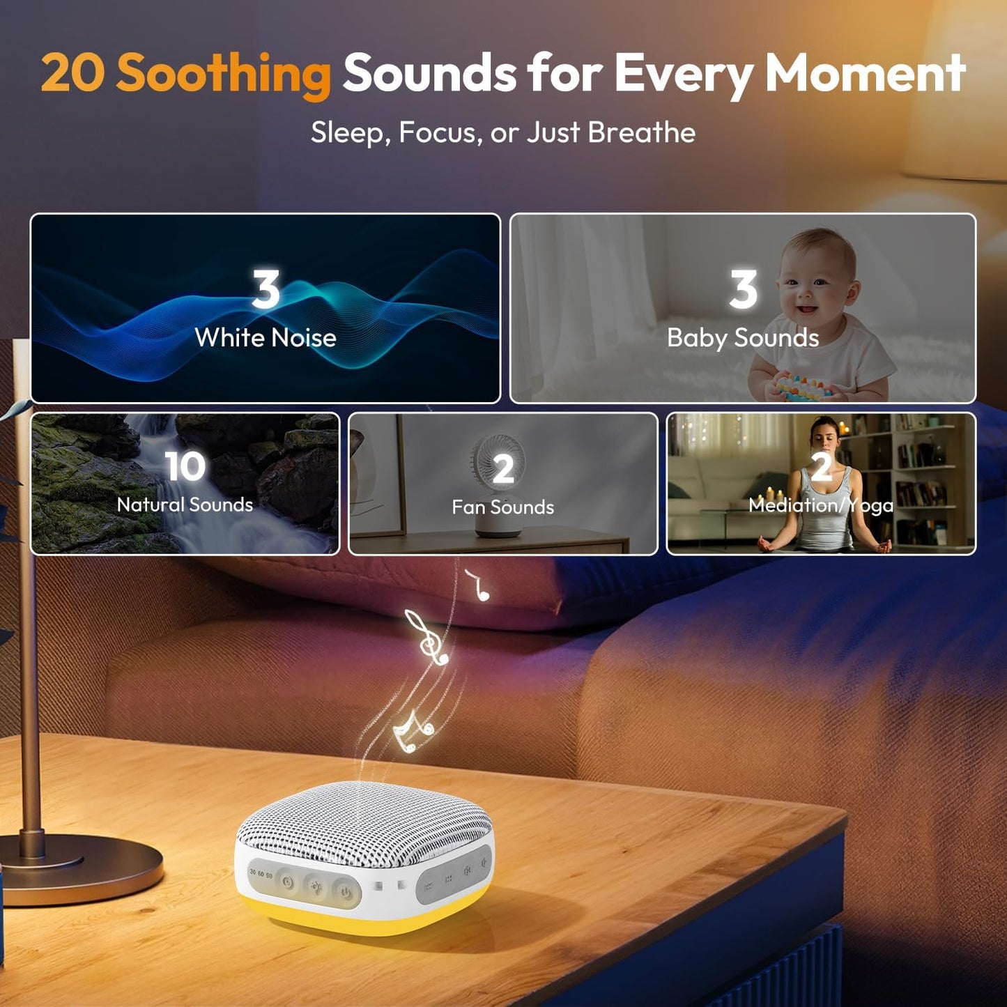 Portable Sound Machine for Travel, White Noise Sound Machine for Sleeping with Night Light, Mini Noise Machine with 20 Quality Non-looping Sounds, Headphone Jack, Memory, Timer for Adults,Hotel