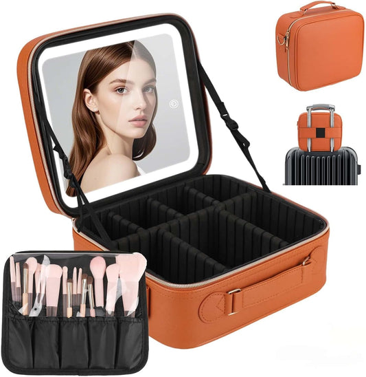 Travel Makeup Bag with LED Mirror, Cosmetic Bags for Women with Light up Mirror, Travel Essentials Makeup Organizer, Makeup Case with Adjustable Dividers and Brush Holder, 3 Color Lights