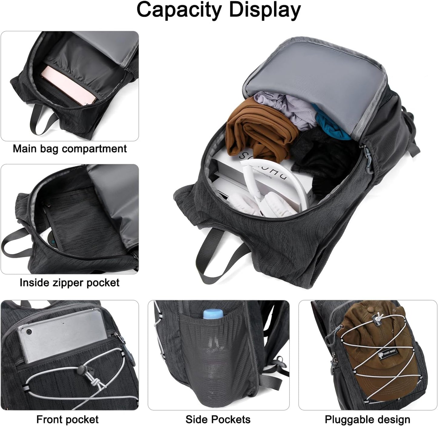 BOVIP 20L Hiking Backpack Lightweight Packable Hiking Daypack Small Travel Outdoor Foldable Shoulder Bag Black