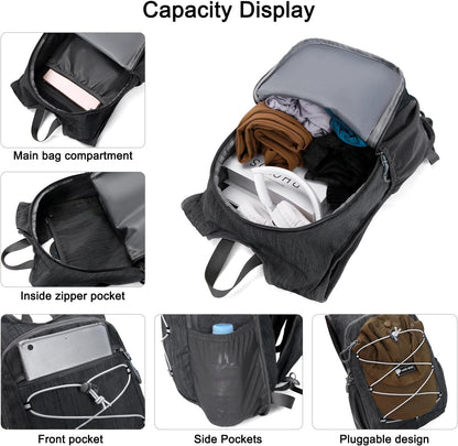 BOVIP 20L Hiking Backpack Lightweight Packable Hiking Daypack Small Travel Outdoor Foldable Shoulder Bag Black