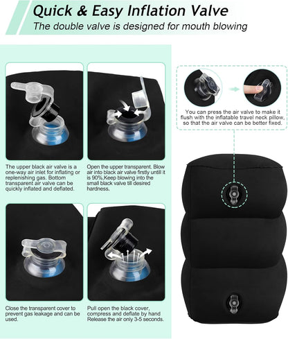 JefDiee Inflatable Travel Foot Rest Pillow, Kids Airplane Bed, Adjustable 3 Layers Height Leg Rest Pillow, Adults Travel Essentials Great for Airplane, Office, Home, Trains, Cars (Black)