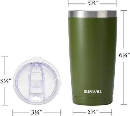 SUNWILL Travel Coffee Tumbler 20 oz, Insulated Mug with Lid, Stainless Steel Cup for Outdoor, Powder Coated Olive