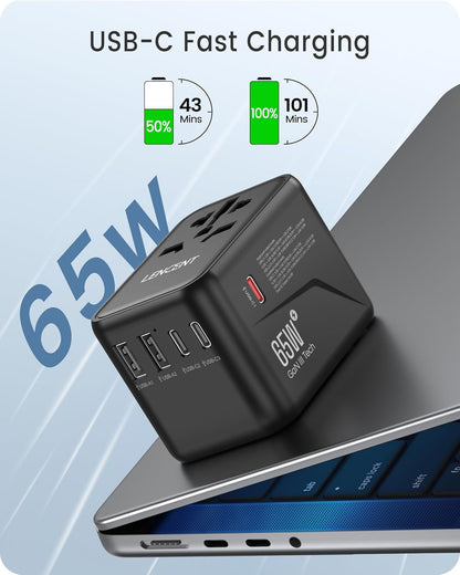 LENCENT Universal Travel Adapter, GaN III 65W International Charger with 2 USB Ports & 3 USB-C PD Fast Charging, All in One Outlet Adaptor for iPhone,Laptops, Type A/C/G/I (USA/UK/EU/AUS)
