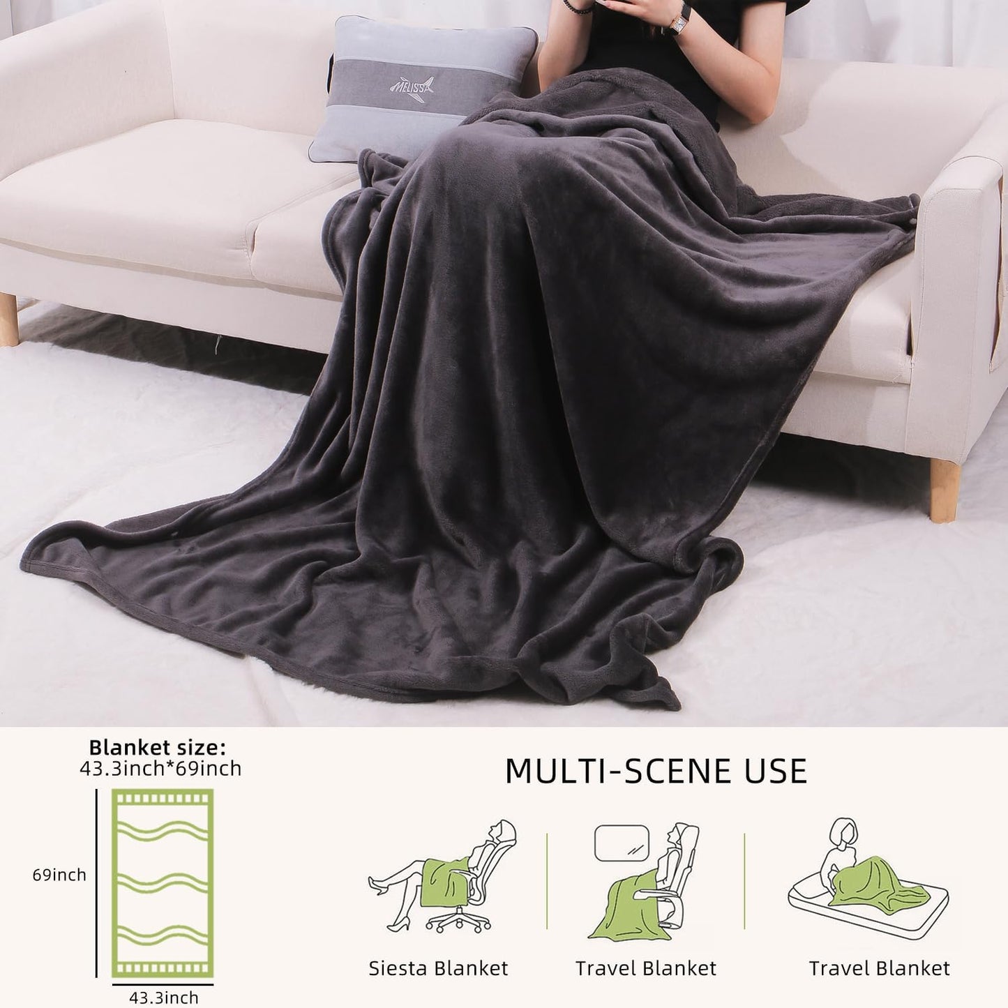 Melissa Large Travel Blanket and Inflatable Pillow Set - 69“ x 43.3” – Soft Blanket with Carry Bag – Lightweight, Compact & Washable for Backpacking, Hiking, Car, Airplane, Office, Camping (Gray)