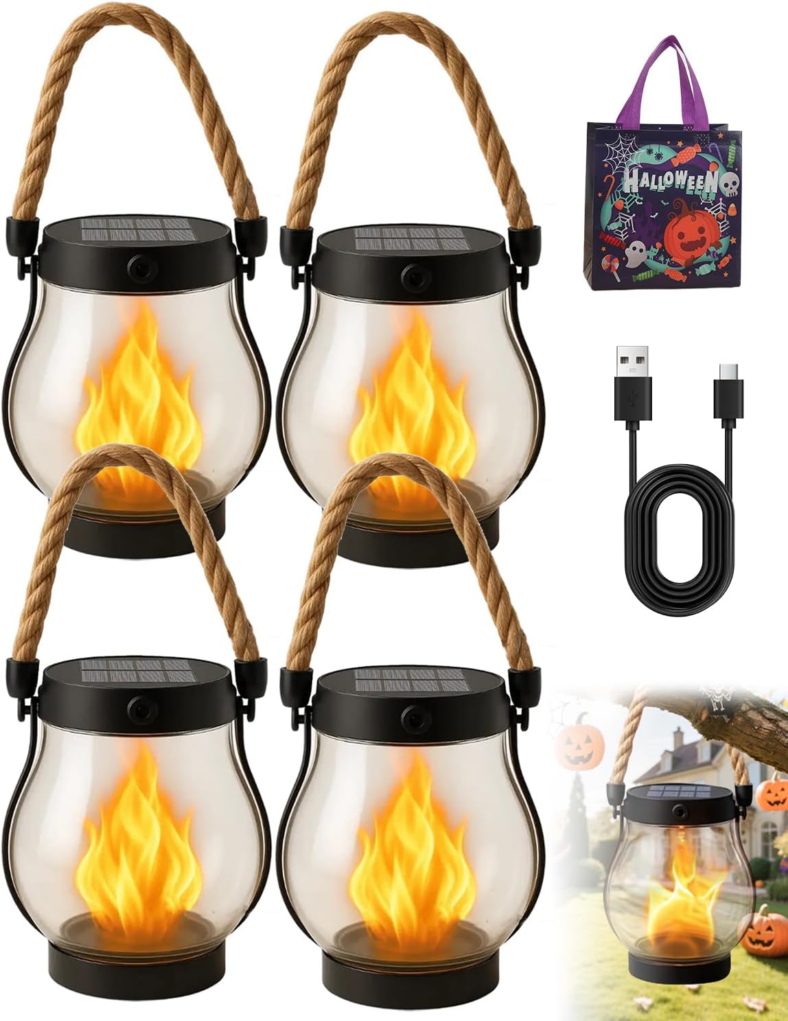 Kaliqo Solar Lantern Outdoor Lights - Official, Waterproof Kaliqo Solar Flame Lights Hangable with Dancing Flame, Hemp Rope Hanging Flame Lanterns,Dual Charging Modes, Smokeless (4 Pack)