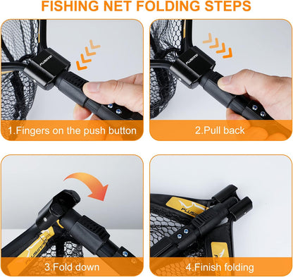 PLUSINNO Floating Fishing Net for Steelhead, Salmon, Fly, Kayak, Bass, Trout Fishing, Catfish, Rubber Coated Landing Net for Easy Catch & Release for Easy Transportation & Storage