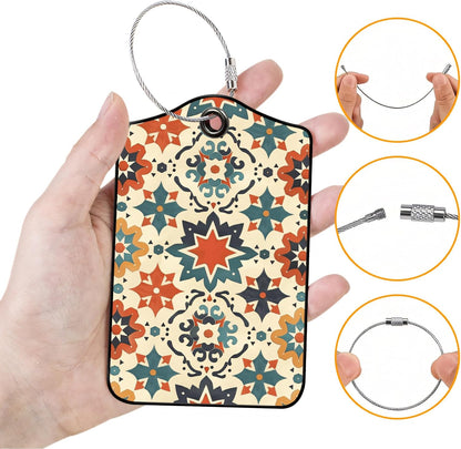 Luggage Tags for Suitcases, 2-Pack PU Leather for Cruise & Travel, Baggage ID Tags with Privacy Cover & Address Card, Durable Metal Ring, Kids Adults Travel Accessories, Vintage Tilework