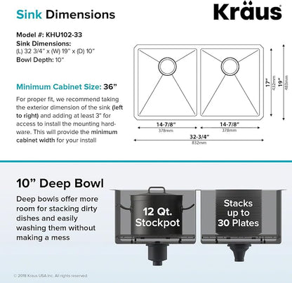 KRAUS Standart Pro 33 -inch Undermount 50/50 Double Bowl 16 Gauge Stainless - Image 3