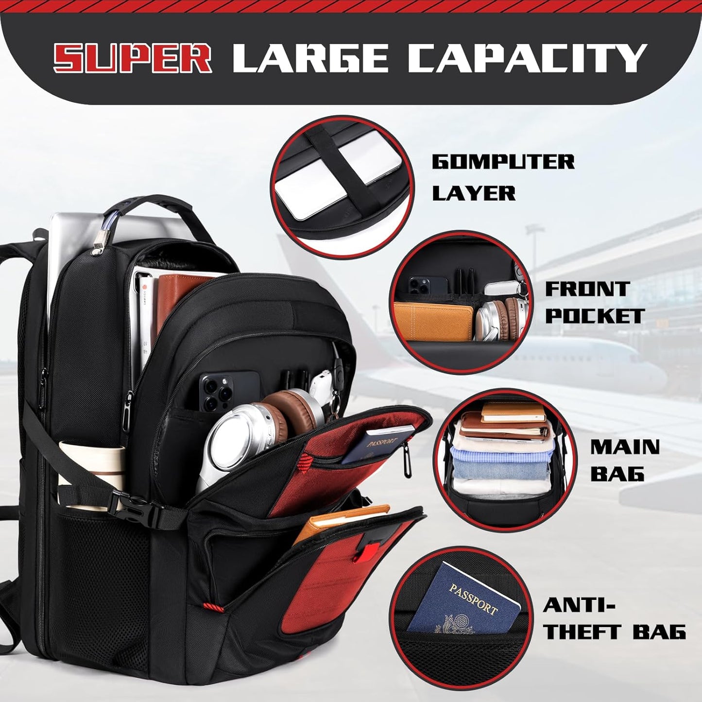 Large Travel Backpack, 50L Laptop Backpack for Men 17.3 Inch, TSA Approved, Heavy Duty with USB Charging, Anti Theft for College Business Work, Red